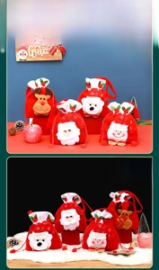 Detailed size comparison of red velvet Christmas candy bags with holiday characters