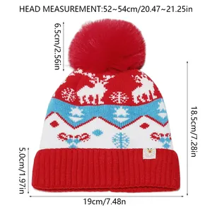 Detailed size chart for kids Christmas knit hat with reindeer and snowflake patterns