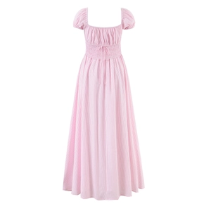 Pink striped maxi dress with square neckline and high-waist puff sleeves for women