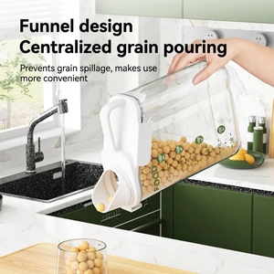 Transparent 1800ml grain storage container with funnel spout and scale on marble counter