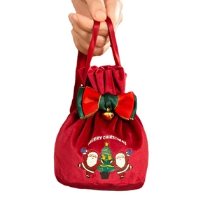 Red Christmas velvet drawstring bag with gold bell and Santa pattern for holiday gift