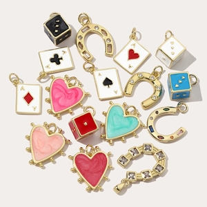 Chic gold-plated enamel charms featuring hearts, dice, and cards with zircon accents