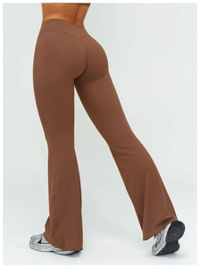Detail view of the V-shaped high waist and lift design on brown flared yoga pants