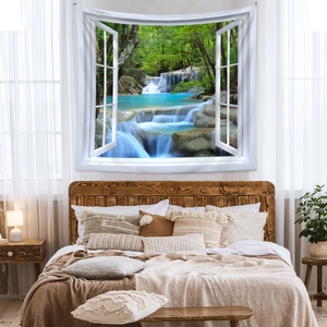 Detail of 3D forest waterfall tapestry showing realistic window view in bedroom
