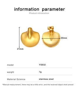 Detail view of 18K gold leaf earrings with measurements 21mm x 20mm in stainless steel