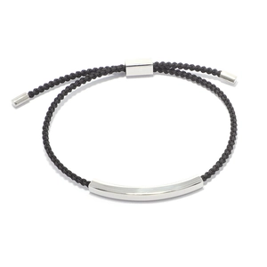 Minimalist adjustable black woven cord bracelet with polished stainless steel curved plate