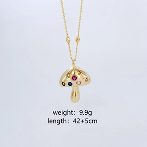 Gold-plated mushroom pendant necklace with colorful gemstones, 42cm chain for women
