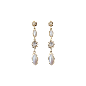 Vintage gold drop earrings featuring oval pearls and shimmering zircon flower accents