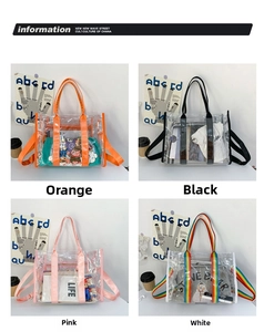 Detailed grid of transparent PVC tote bags in multiple colors with colorful straps