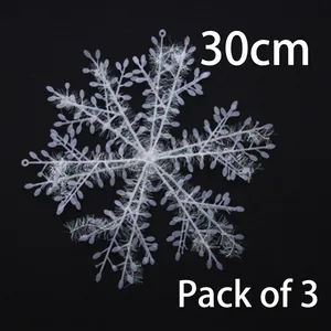 30cm white Christmas snowflake decorations with iridescent glitter, set of 3 pieces per pack