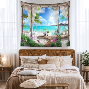 Détail d'une tapisserie de plage tropicale avec palmiers et mer sur un mur de chambre