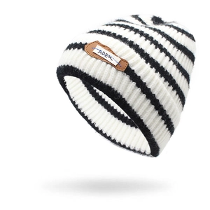 Striped Knitted Beanie Hat Warm Thick Cotton Rabbit Hair Blend Korean Style For Women Men Leather Patch