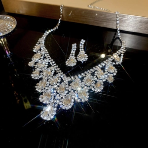 Sparkling waterdrop jewelry set with rhinestones on a necklace and earrings set