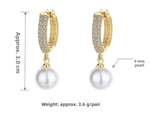 Detail showing 9mm pearl earrings in 18K gold plating with 3.0cm total length