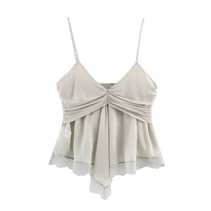 Caraco Top Débardeur Femme Georgette Dentelle Aspect Satin Fronces Col V Bretelles Réglables Coupe Ajustée Sexy