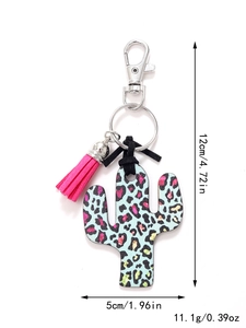 Detailed view of leopard print cactus keychain with pink tassel and size dimensions
