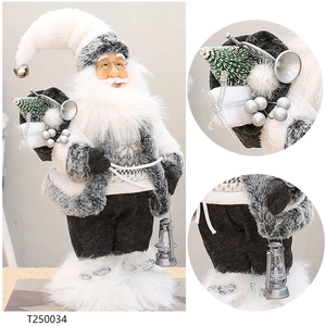 Detailed views of a 12-inch Santa figurine with silver lantern and gift-filled bag