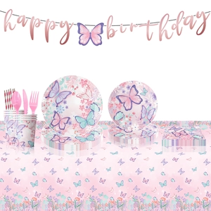 Pink Butterfly Party Supplies Disposable Paper Plates Cups Napkins Tablecloth Banner Birthday Decorations For Girls Floral Theme