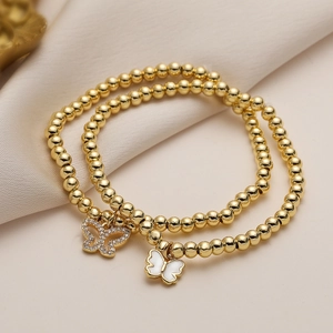 Elegant Gold Plated Copper Beaded Bracelet For Women Fashion Jewelry With Rhinestone Butterfly Pendant And White Enamel Charm