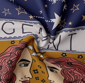 Detailed macro view of Gemini zodiac tapestry showing fabric texture and printing quality