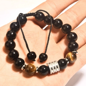 Pulsera De Cuentas Para Hombre Ojo De Tigre Natural Obsidiana Negra Acero Inoxidable Cuerda Trenzada Ajustable