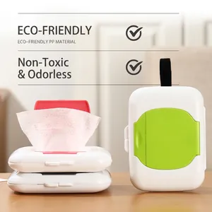 Portable white wet wipe dispenser with colorful lids and convenient hanging strap