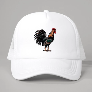 Casual white trucker hat with colorful rooster print and breathable mesh panels