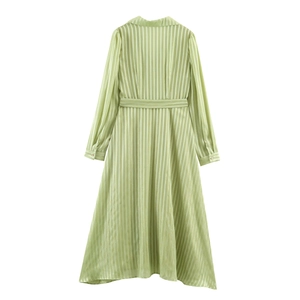Elegant green striped long sleeve shirt dress with waist belt and subtle shimmer finish