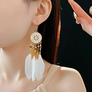 Détail de boucles d'oreilles bohèmes dorées avec plumes blanches et motifs ajourés sur modèle