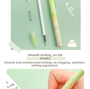 Disassembled view showing ST tip, spring and ink refill of the green floral gel pen