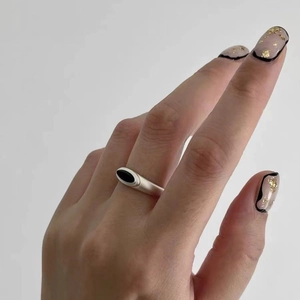 Minimalist Matte Silver Plated Copper Ring For Women Retro Black Onyx White Shell Open Adjustable Geometric Finger Jewelry