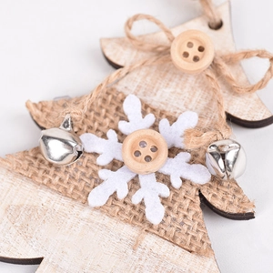 Wooden Christmas tree pendant with burlap texture, white snowflake, and metal bells