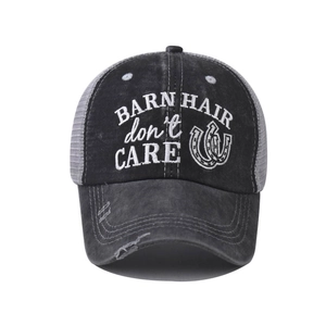 Distressed black and gray ponytail baseball cap with BARN HAIR don't CARE embroidery