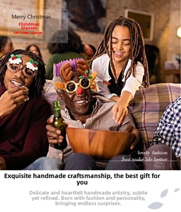 Detail of children wearing glowing Christmas themed glasses for holiday party photo props