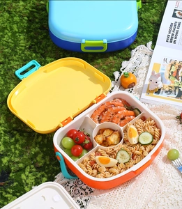Divided lunch box for kids on outdoor picnic grass with variety of fresh food items