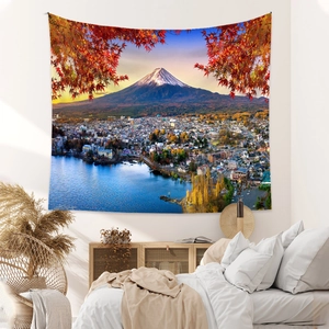 Close-up of Mount Fuji tapestry detail featuring autumn maple leaves and vibrant scenery