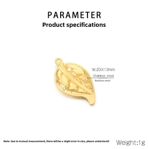 Macro detail of golden 304 stainless steel sunflower leaf pendant showing 23x13mm dimensions