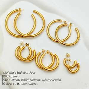 Detail showing various sizes of 4mm thick 14K gold plated stainless steel hoop earrings
