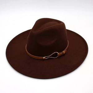 Detail of dark brown wool fedora hat with premium leather belt and gold buckle