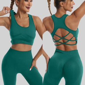 Ensemble de Yoga Sans Couture pour Femmes Leggings Taille Haute et Soutien-Gorge de Sport Dos Croisé Top And Bottom