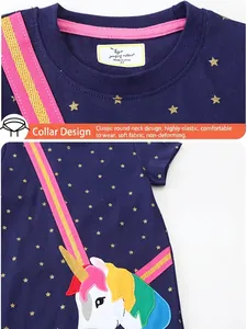 Dark blue short sleeve girls dress with golden stars and colorful unicorn embroidery
