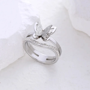 Frosted butterfly double layer ring in silver stainless steel with zircon accents