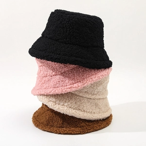Women Faux Lambswool Bucket Hat Warm Winter Solid Color Plush Sherpa Fleece Windproof Soft Minimalist Casual Headwear