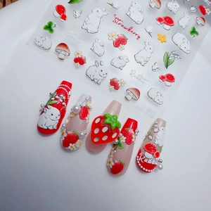 Stickers à ongles 3D en relief avec des lapins blancs mignons, fraises et muguet