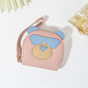 Cute pink cartoon bear PU leather mini card holder and wallet with gold hardware