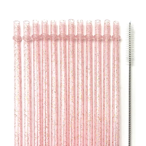 Set di 11 cannucce di plastica rosa glitterata riutilizzabili con spazzola per la pulizia