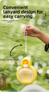 Detail of portable pet water bottle with flexible hanging rope and Happy Outing slogan