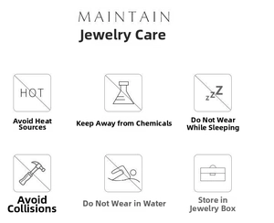 Guide for jewelry maintenance showing six icons for care and protection of accessories