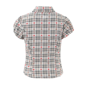 Plaid puff sleeve shirt with bear and heart patterns on the back, shown on white background