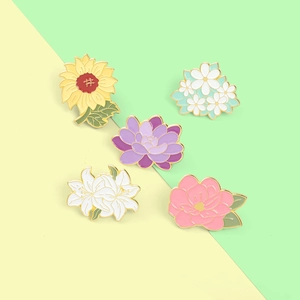 Five-piece vibrant enamel flower brooch set with sunflower and lily in gold finish